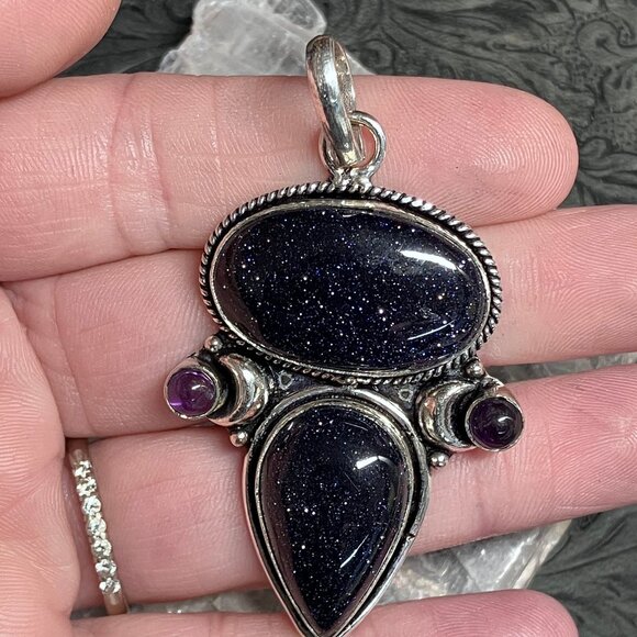 Witchy Fairy Core Blue Goldstone Amethyst Crescent Moon Pendant Crystal Stone Je - Picture 3 of 5